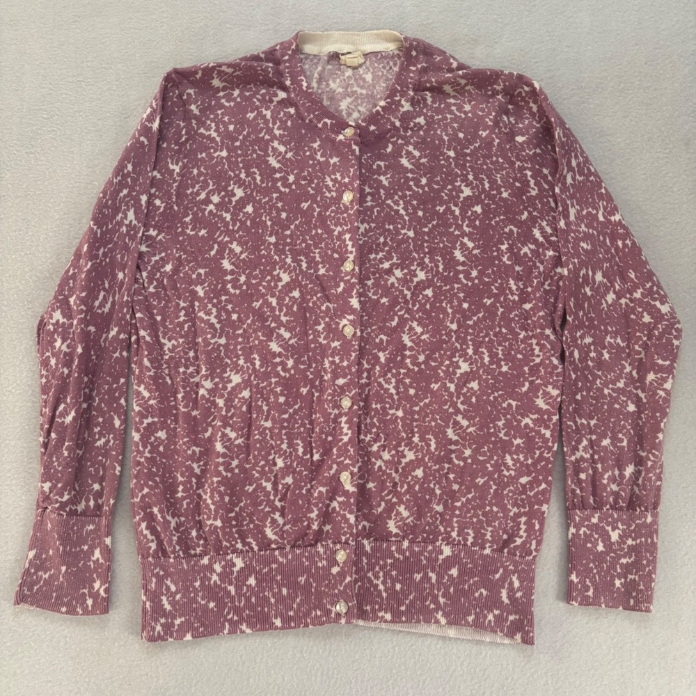 J.Crew Womens Mauve Pink White Floral Print 100% Cotton Cardigan Sweater Medium